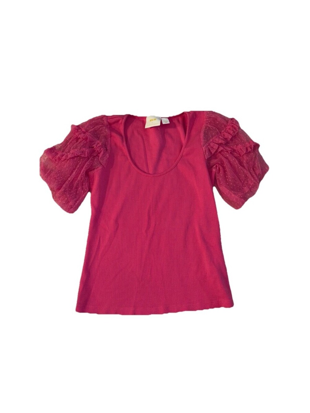 Maeve Anthropologie Pink Ribbed Top Puff Sleeve Ruffle Women's Medium
